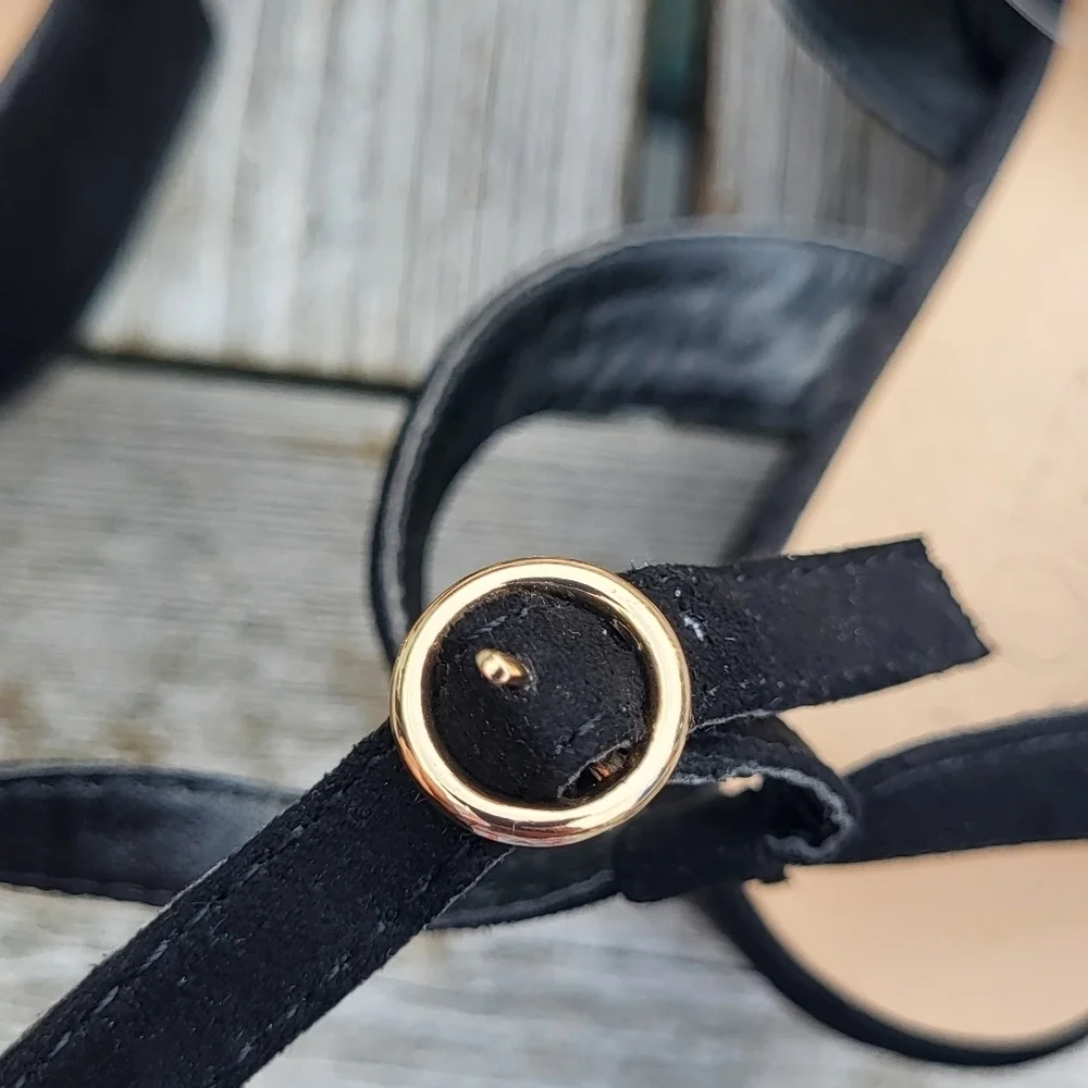 Loft Faux Suede Scallop Trim Black Strappy Ankle Block Heels